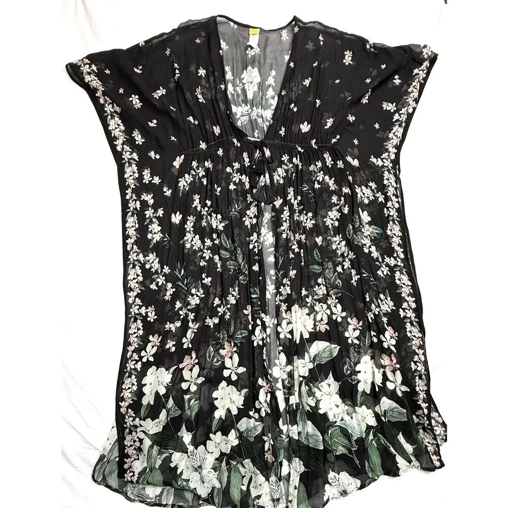 Agua Bendita floral kimono tunic beach cover-up, botanical floral pattern